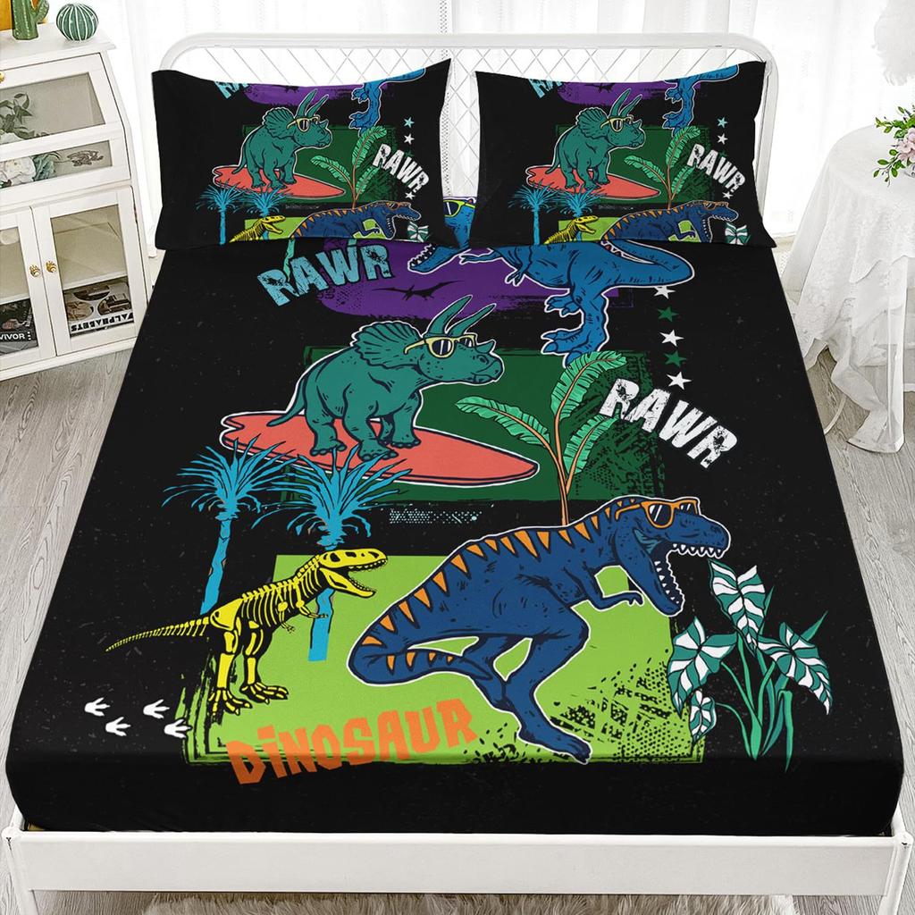 Cute Cartoon Dinosaur Pattern Mattress Three-Piece Digital Printing Cute Dinosaur Bedding Set