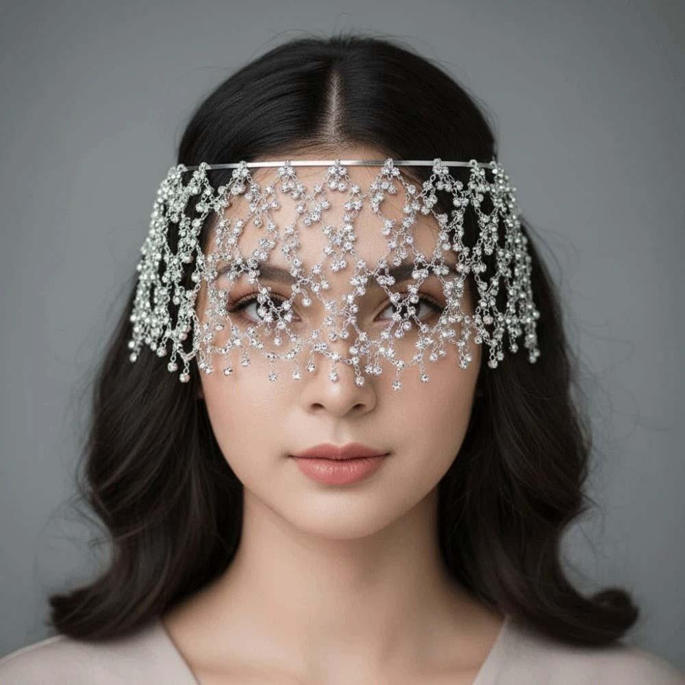 Net Shape Hair Hoop Head Chain Bride Tiaras Pearl Princess Hair Band Cap Head Chain  Girls