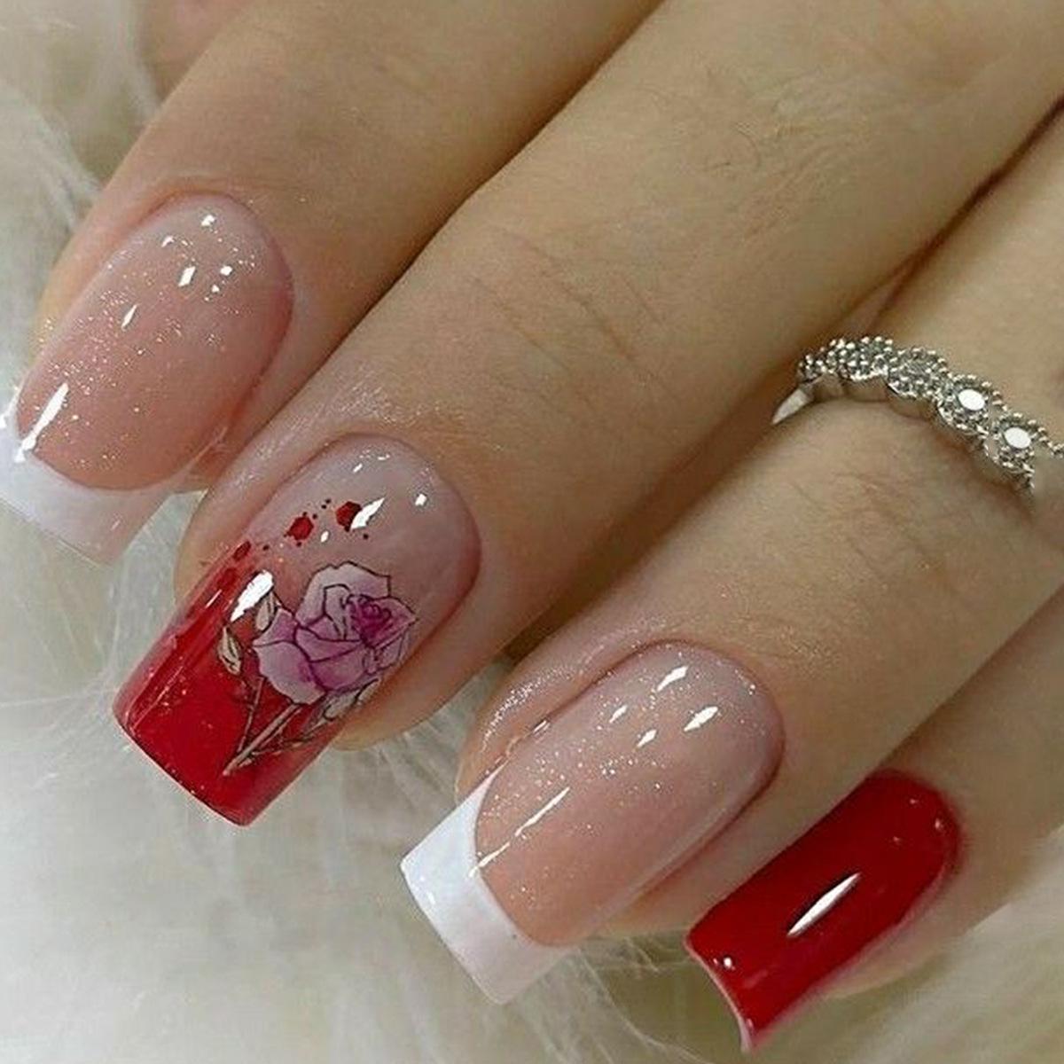 

Camellia Pink Medium-Length Square Minimalist Red Flower Nail Art