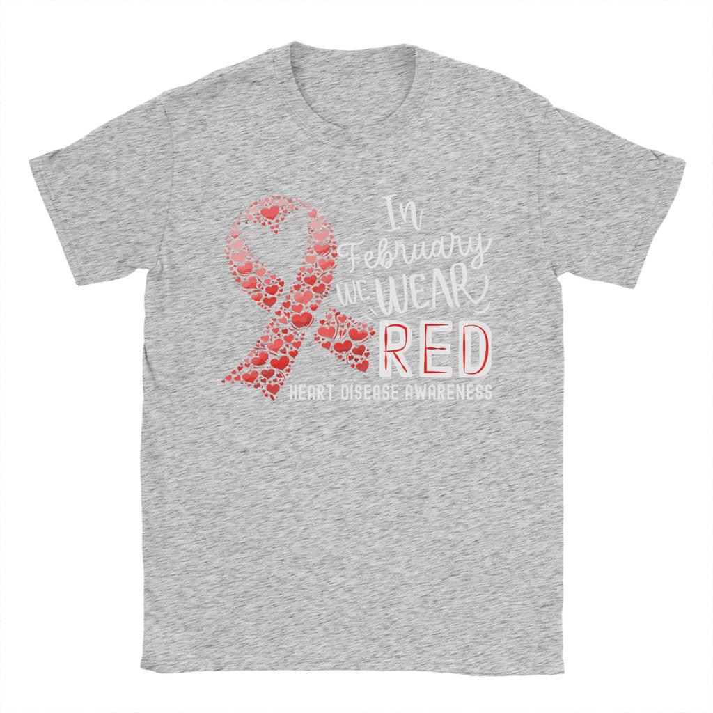 Unisexs In February We Wear Red Heart Disease Awareness Month Ribbon T Shirts  Pure Cotton Clothing Awesome Round Collar Tee Shirt