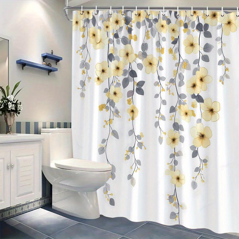 Simple floral pattern waterproof shower curtain ladies bathroom shower curtain grey yellow flower bathroom curtain