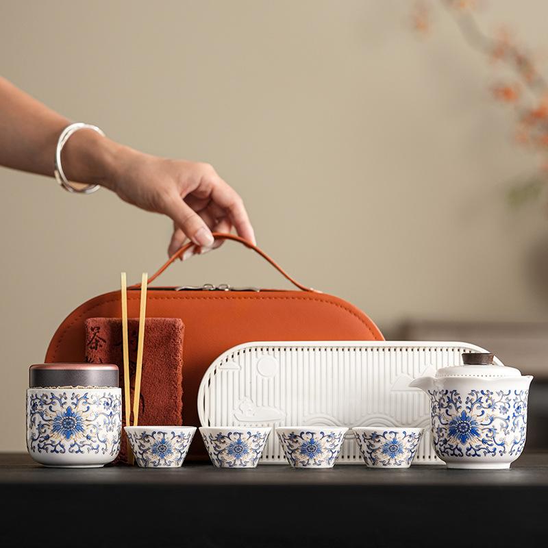 

Ru kiln blue and white twisted lotus travel tea set outdoor portable express cup business gifts high-end gift ceramics