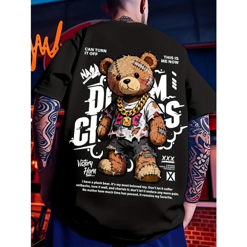 Europäisches und amerikanisches Herren Sommer Teddybär Graffiti Print Bequemes und atmungsaktives Rundhals T-Shirt Outdoor Street Top