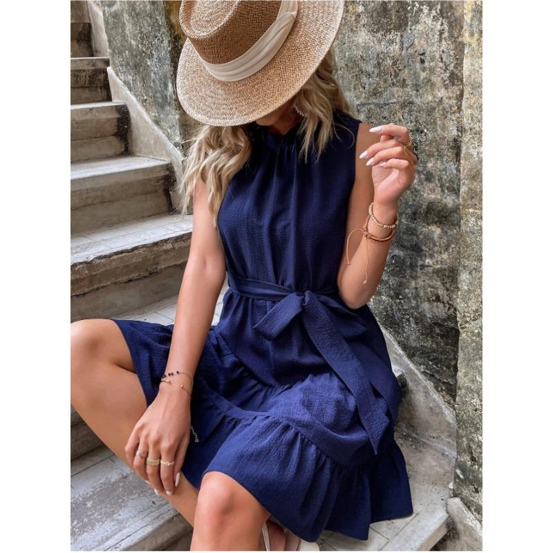 

Летние женские однотонные платья без рукавов с завязками на талии S темно-синий