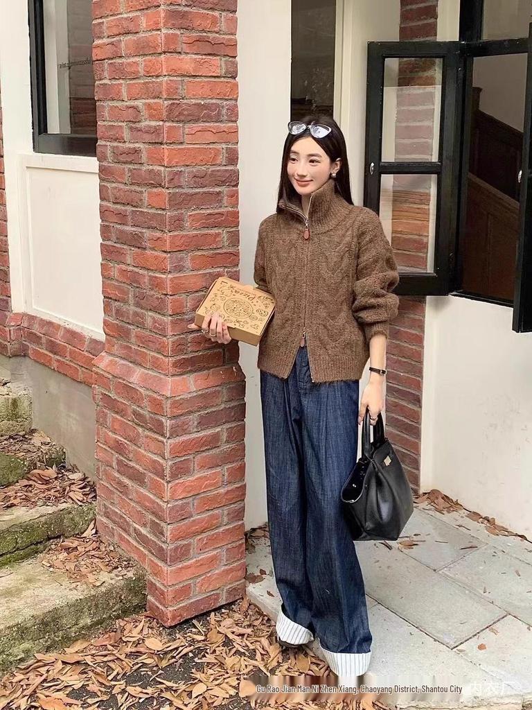 Jian Manni Retro Cable Knit High Neck Sweater Coat - Women's Double Zipper Long Sleeve Cardigan for Autumn/Winter