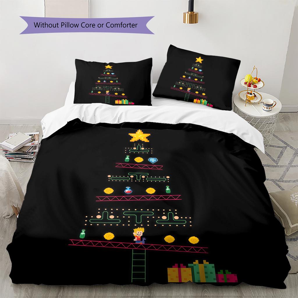 Retro Game Christmas Tree Pattern Bedding Quilt Set Home Decoration Gift (1 * duvet cover + 2 * pillowcase without core)