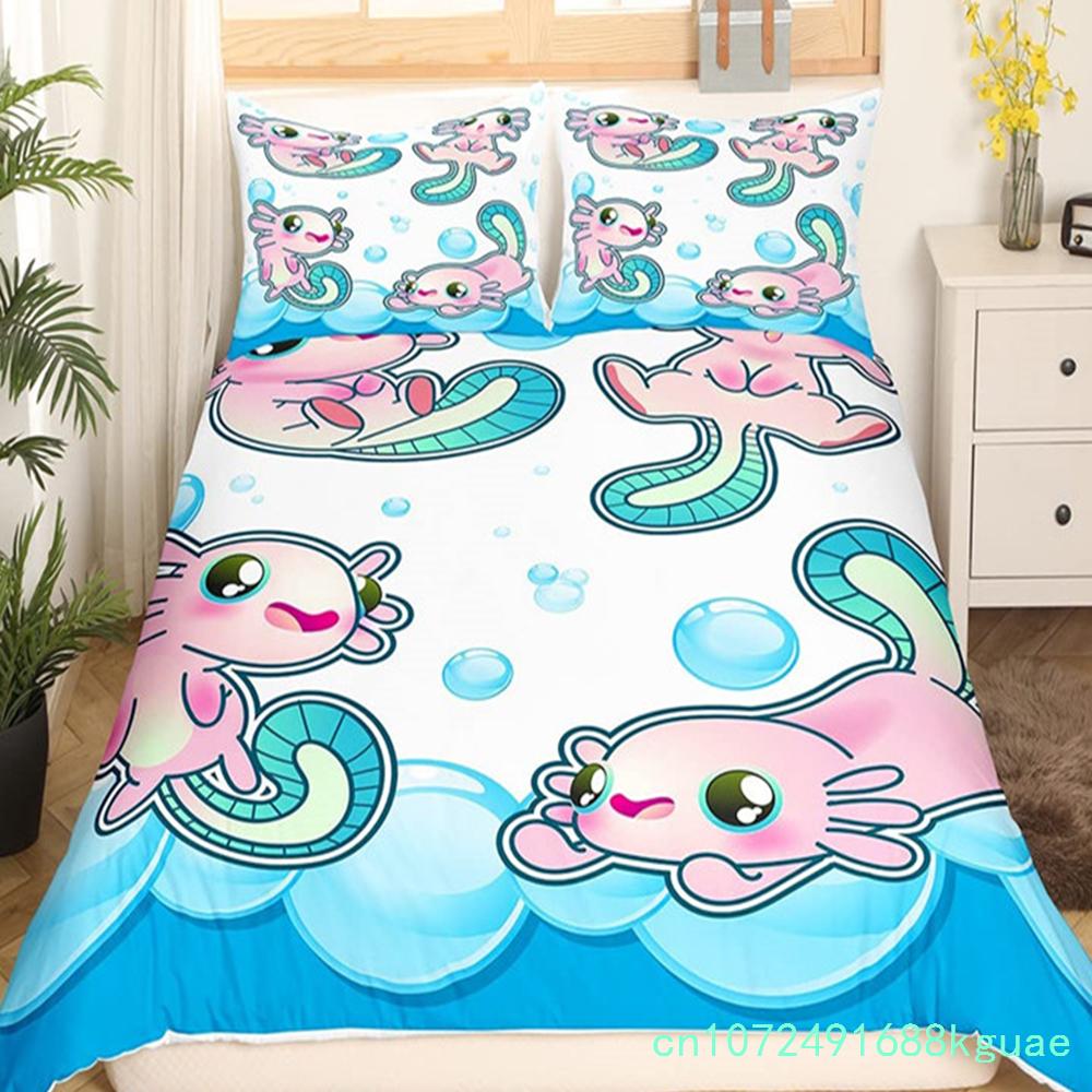 Комплект постільної білизни Kawaii Axolotl Королева для дівчаток хлопчиків підлітків милий мультфільм рептилії тварини підодіяльник галактика зоряне небо ковдра ковдра