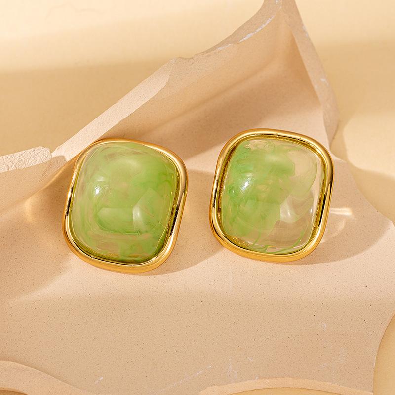 

Digadagu Metal Resin Square Stud Earrings New Stainless Steel Geometric Earrings Women s Elegant Zircon Accessories зелений
