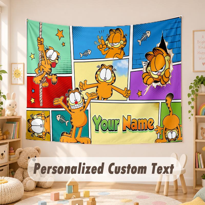 Custom Name Text Tapestry,Garfield Boho Wall Hanging, Decorative Backdrop Tapestry For Room