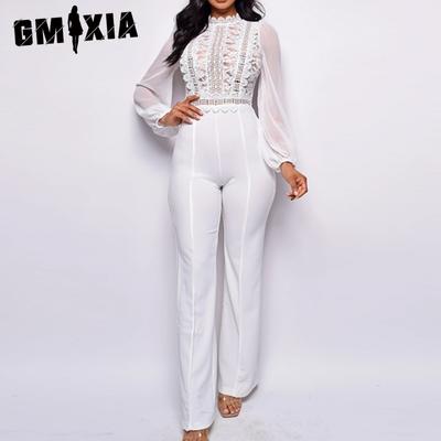 Women's High Waist Straight Leg Jumpsuit for Women with High Neck Lace Lace Long Sleeve Jumpsuit for Women