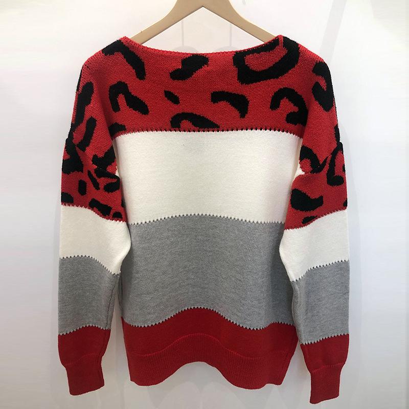 Women's Colorblock Leopard Print Round Neck Sweater - Long-Sleeved Casual Knit Pullover for Autumn/Winter.