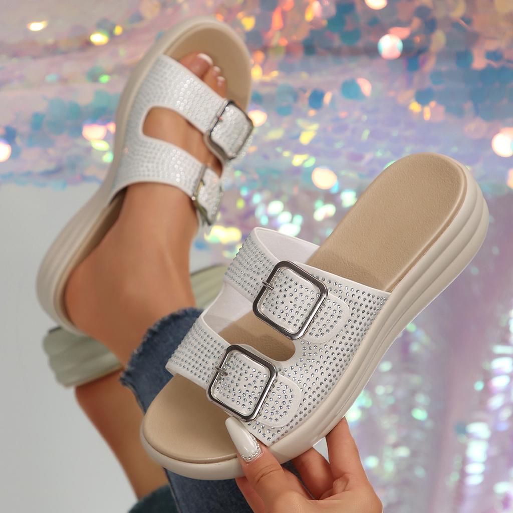 Foreign Trade New Rhinestone One-word Open-toe Thick-soled Slippers Women Wear Belt Buckle Hollow Beach Cool Slippers