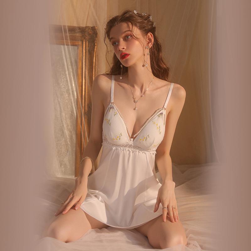 Summer Nightgown for Women with Satin Print Deep V Backless Daisy Embroidery with Padded Straps for Women Nightgown