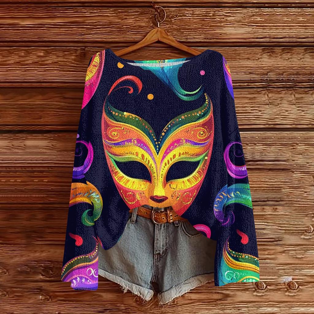 Damen Casual Mode Rundhals Oberteil Karneval Print Langarm Strickpullover