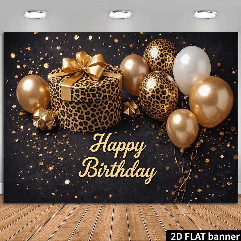 

2D Leopard Print Birthday Backdrop - Gold Balloon & Gift Party Photography Banner 47.2x31.5inch/120*80cm
