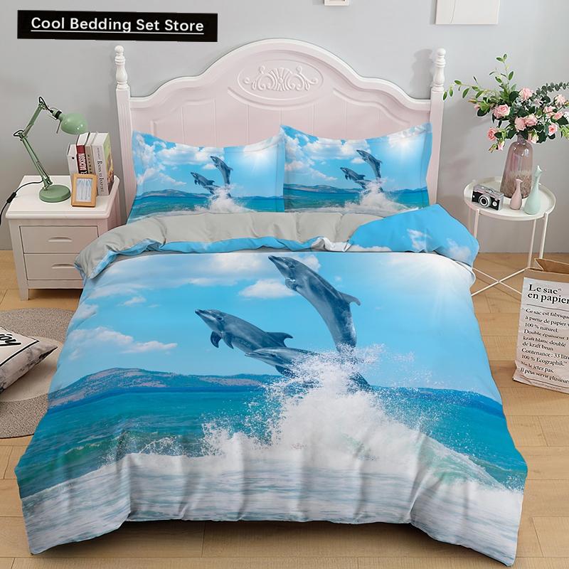 Ocean Dolphin Duvet Cover King Queen Size Cute Dolphin Jumping In The Blue Sea Bedding Set Children 3D Animal Sunset Quilt Cover