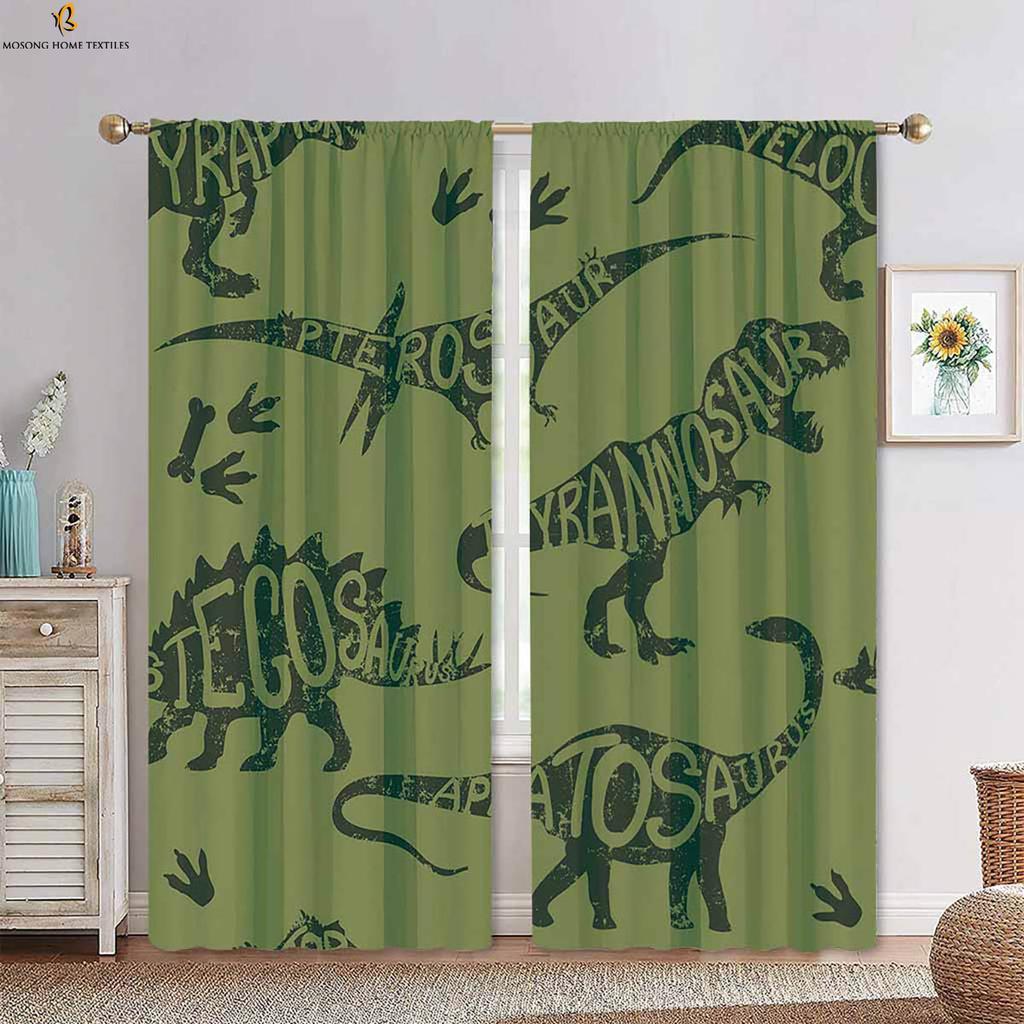 Set Of 2 Cute Cartoon Animal Dinosaur Print Curtains Bedroom Living Room Kitchen Kids Decorative Curtain With Rod Pocket Polyester Perfect For Sitting