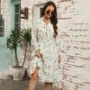 Autumn Winter Women Long Sleeve Print Elegant V-neck Casual A-Line Knee-Length High Waist Dress