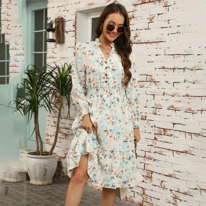 Autumn Winter Women Long Sleeve Print Elegant V-neck Casual A-Line Knee-Length High Waist Dress