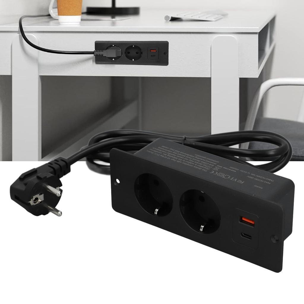 Recessed Socket 2 Outlets with PD20W USB C USB A Port Embedded Furniture Power Strip 1.5m Cord