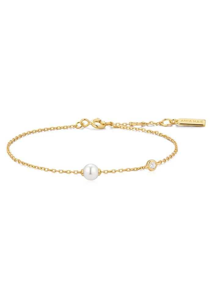 Gold Shell Pearl & Bezel Sparkle 925 Silver Bracelet B075-01G.