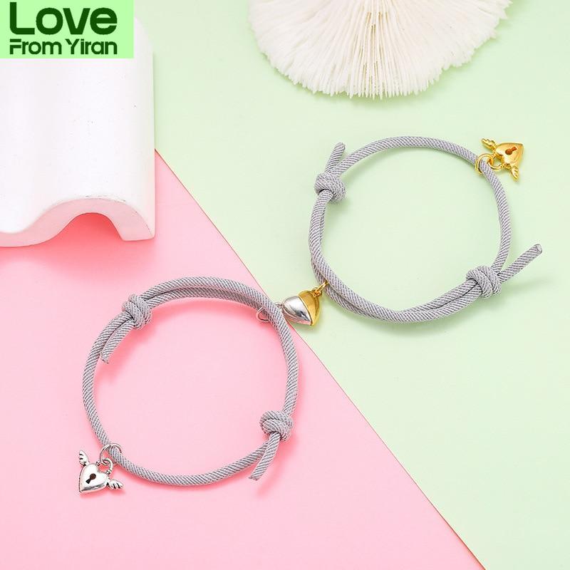 Stylisch Modebewusst 2 Stück / Paar Passende Partnerarmbänder Liebhaber Entzückendes Herz Magnet Armband Valentinstag Armband Anziehen BrazaleteMode