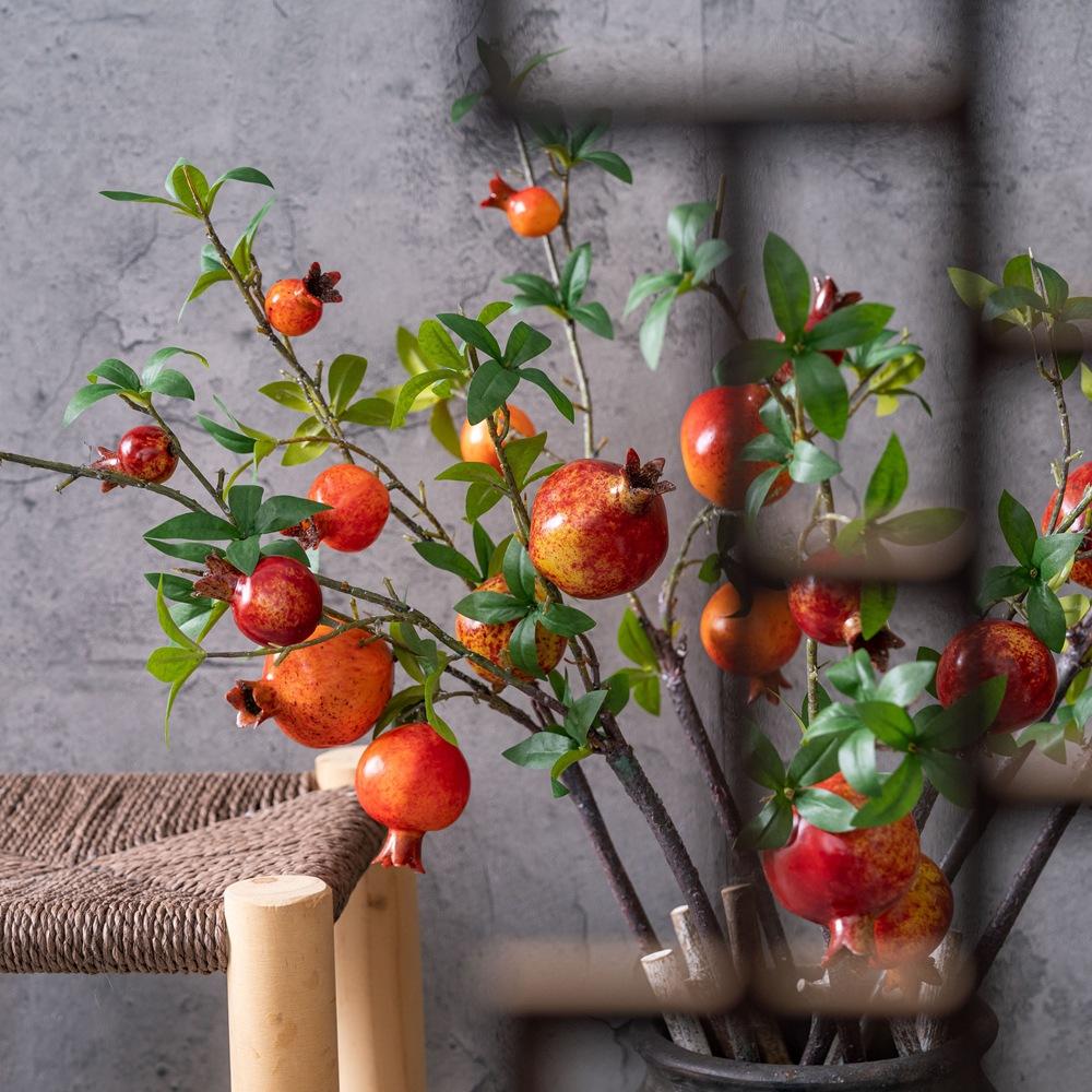 3pcs Artificial Pomegranate Stems with Leaves, Faux Fruit Branches for Rustic Home Decor, Fall Centerpieces, Wedding & Holiday Arrangements,73cm