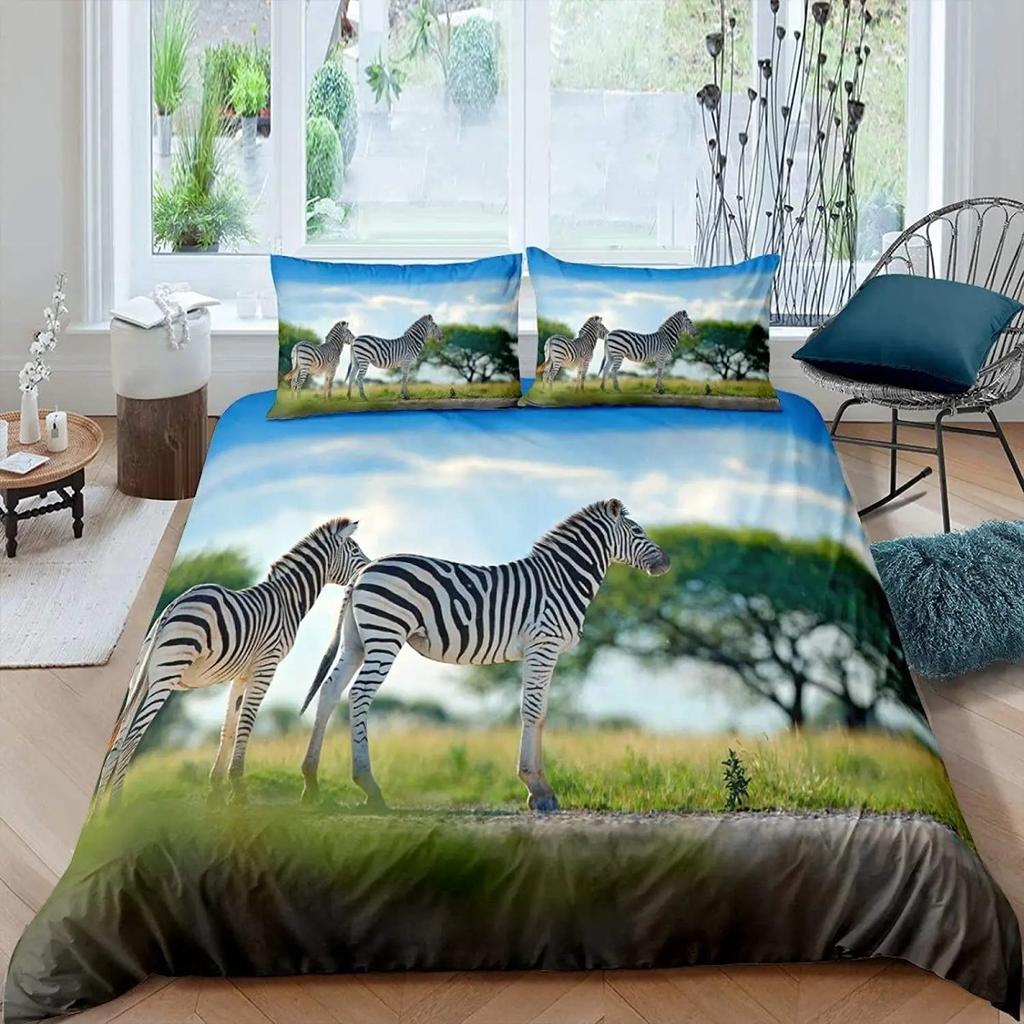Zebra Duvet Cover Set King Queen Size Polyester Comforter Cover Black And White Stripe Wild Animals For Kids Teens Bedding Set