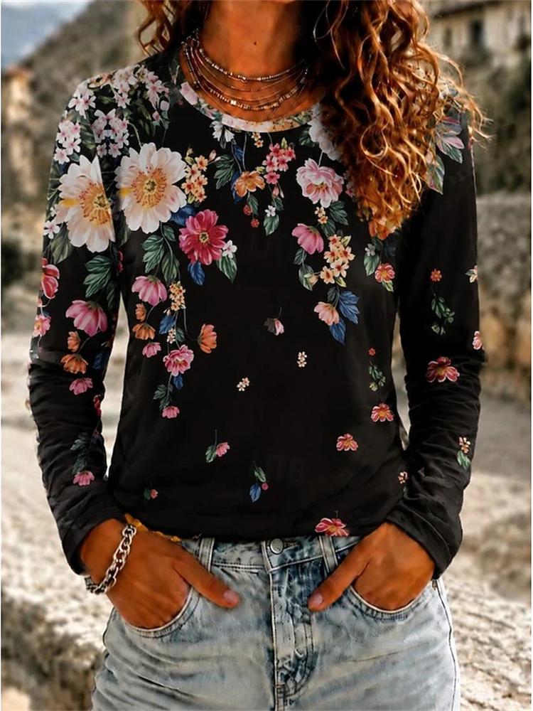 2026 Herbst Neues Damen Langarm Rundhals Lässiges T-Shirt mit Buntem Blumendruck Pflanzenelementen Outdoor Chic Top