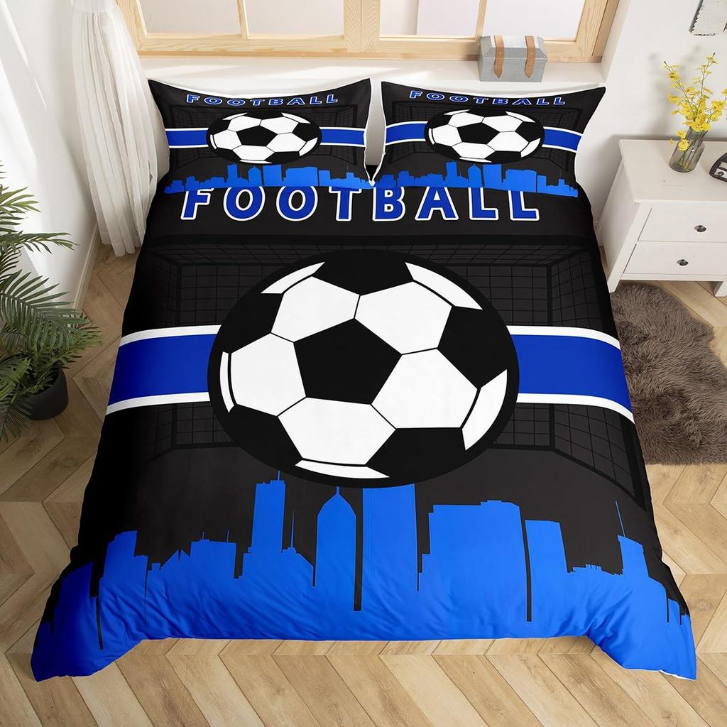 Reißverschluss mit Fußball-Bettbezug, Vollgröße, Fußball-Sport-Bettwäsche-Set, Jungen, Teenager, Ballspiel-Deckenbezug, Blauer Bettdeckenbezug, 3 Teile