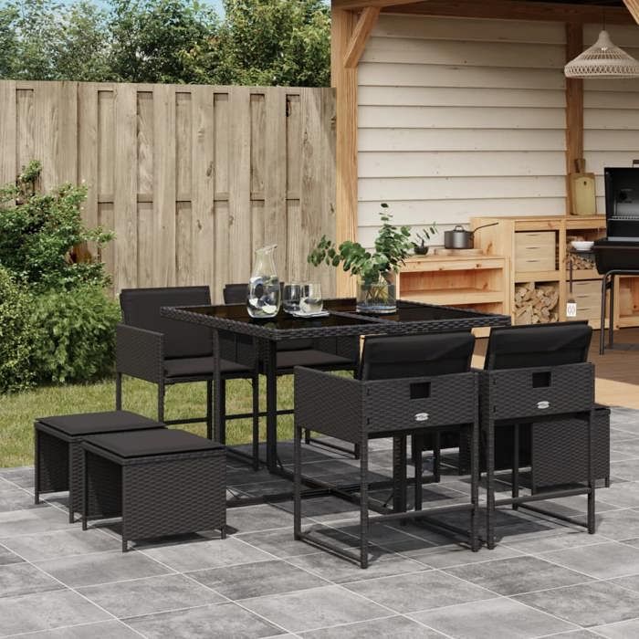 VidaXL Ensemble à Manger de Jardin avec Coussins 9 pcs, Table et Chaises à Dossier Rabattable, Meubles d'Extérieur Patio 3211315