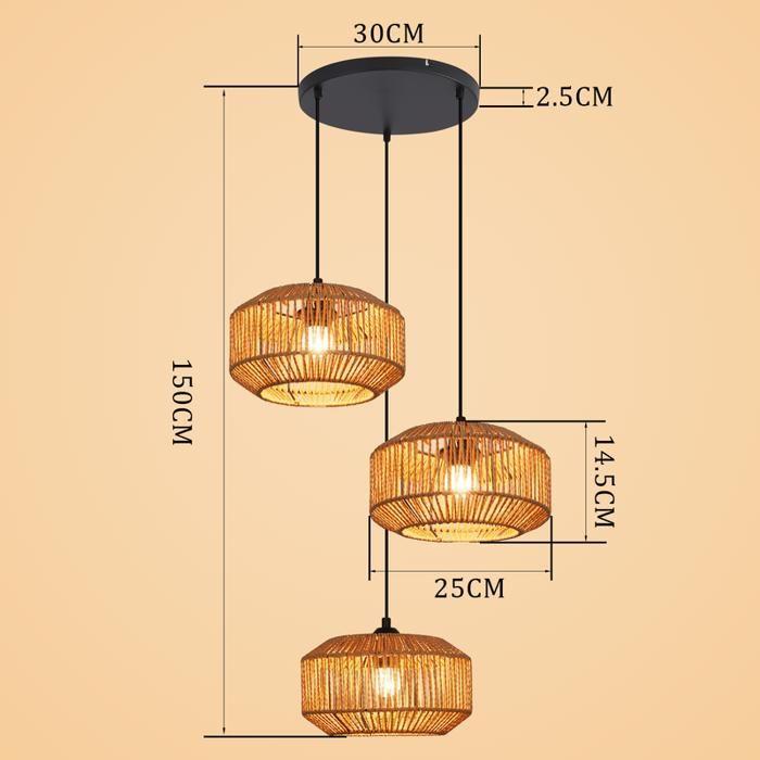 Suspension Rotin Naturel NETTLIFE 3 Lumières, Design Bohème Chic, E27, Métal Noir, Court, pour Salle à manger Salon Entrée Couloir