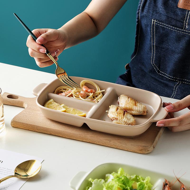 Nordic Ceramic Binaural Rectangular Grid Plate Rice Plate Creative Home Breakfast Plate Baked Rice Plate Fat Reduction Quantitative Meal