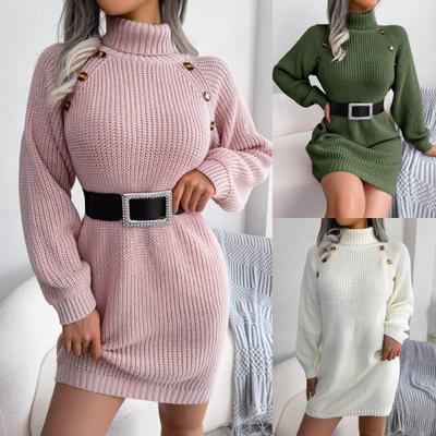 High Neck Long Sweater Damen Casual Strickkleid Geschenk Gürtel Einfarbig Pullover Verdickt Warm Loose Casual Pendler Gestricktes Basishemd Herbst Winter