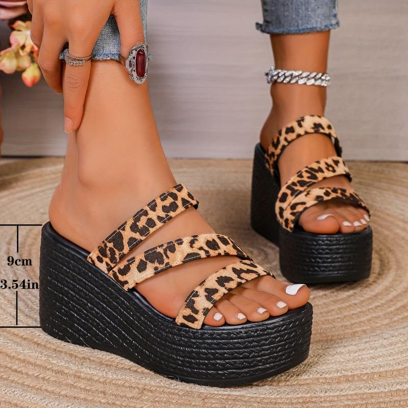 [Leopard Wedge Sandals] Elegant Leopard Print Wedge Sandals | Women's Fashionable Slip-On Thick Sole Platform Heels with Ankle Strap, Summer Style,