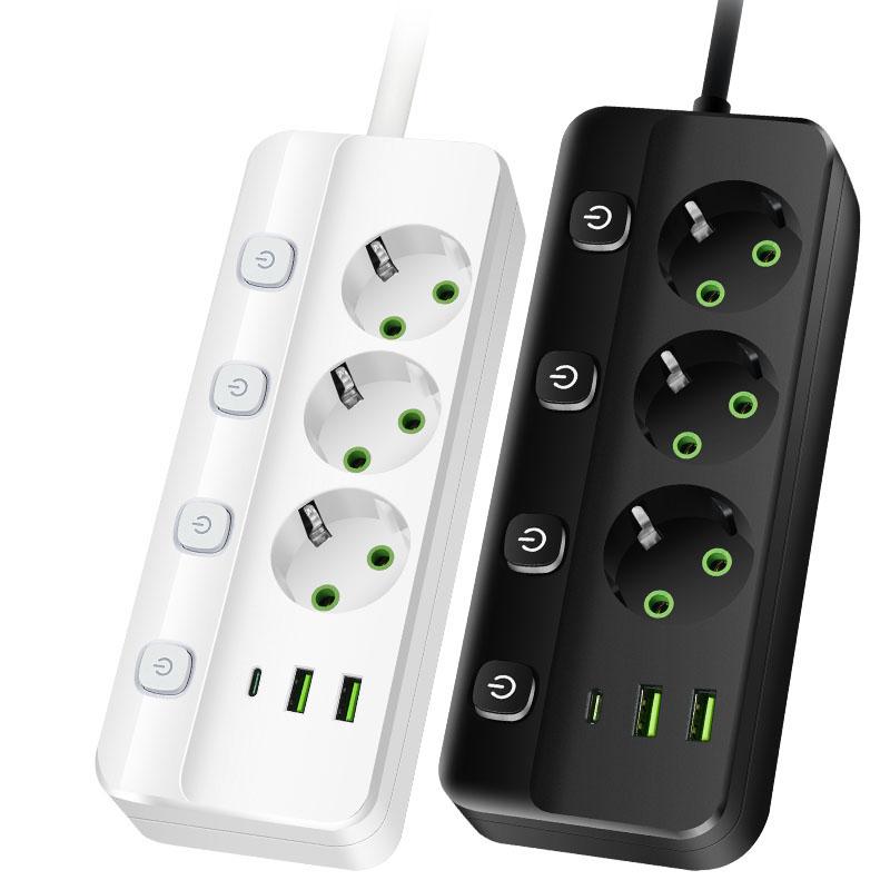 EU Plug Electrical Socket 3/5 AC Outlets+2 USB+1Type C 8-in-1 Adapter Multitap Fast Charging Power Strip With 2M Extension Cord
