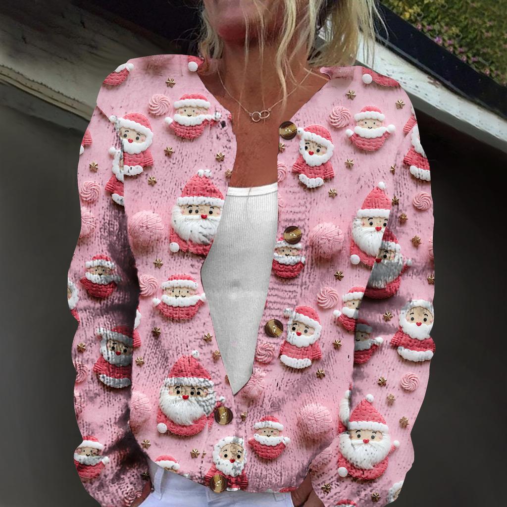 Women's Fashion Christmas Print Long Sleeve Knitted Cardigan Button Jacket
