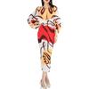 Elegant Pleated Print Batwing Sleeve Wrap Dress V-Neck Loose Fit Midi To Maxi Length Women
