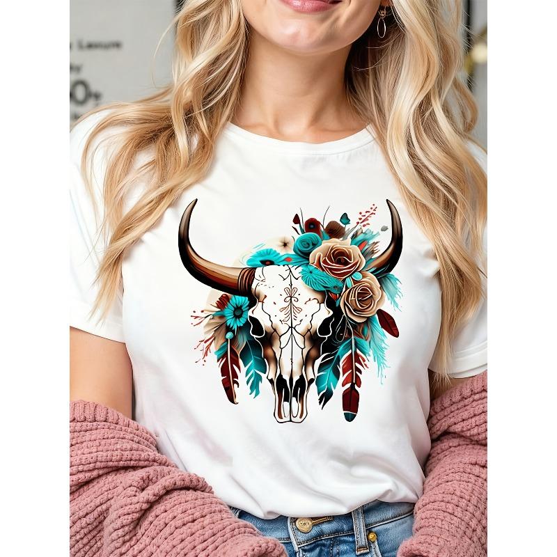 

European Size skull roses feathers turquoise beige brown intricate tribal floral symmetrical boho style ornate detailed for women short-sleeved 4XL білий