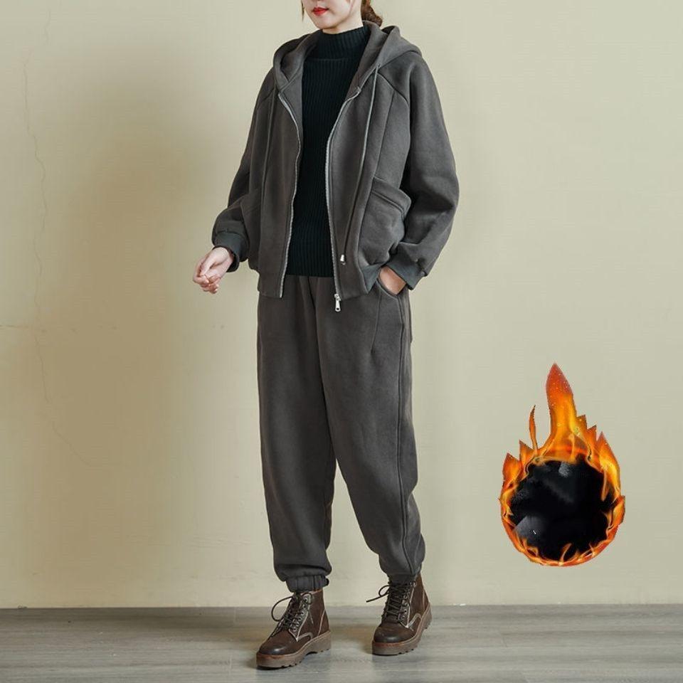 Autunno e Inverno Plus Velluto Ispessito Taglia Grande Tuta Casual Letteraria da Donna Larga e Sottile Tuta Sportiva Completo Due Pezzi