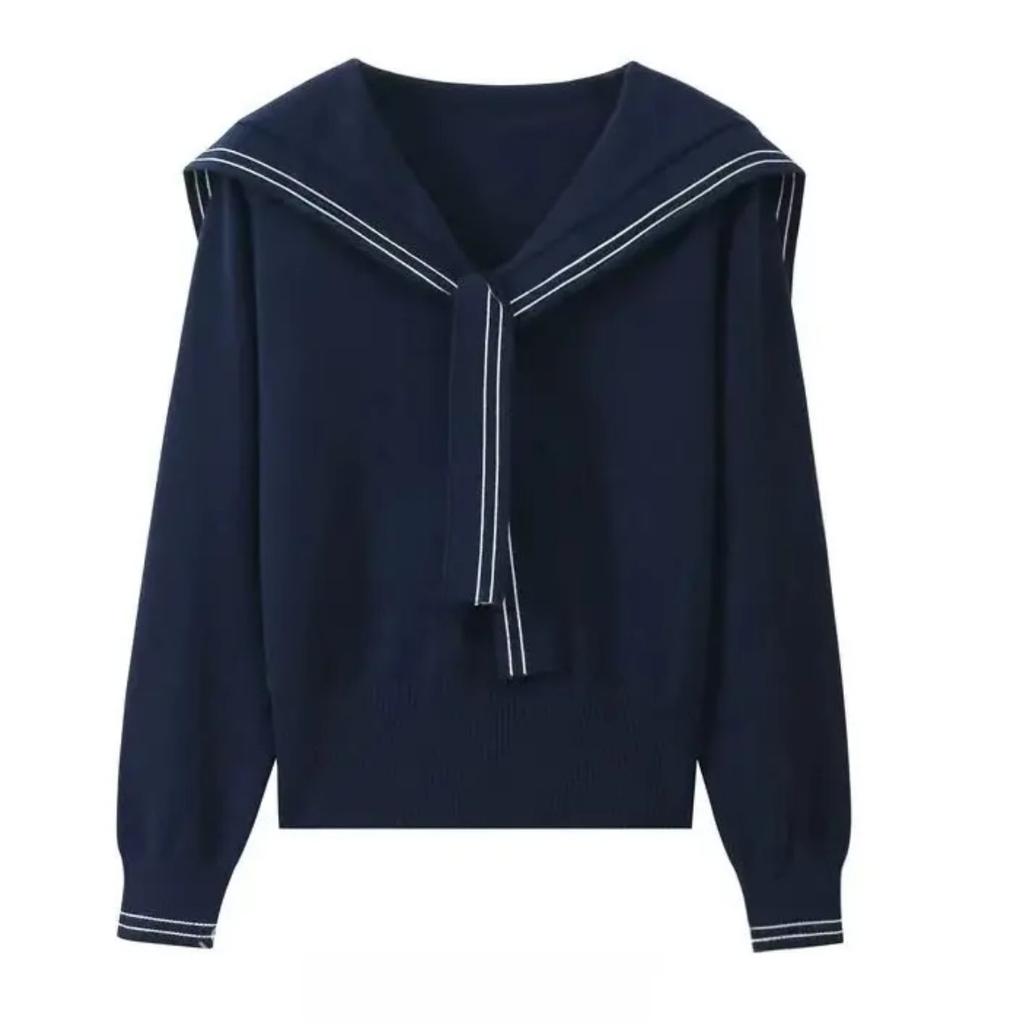 Autumn and Winter Navy Collar Sweater Top Niche Trend Shawl Slim Short Design Sense Inside Knitted Sweater Women
