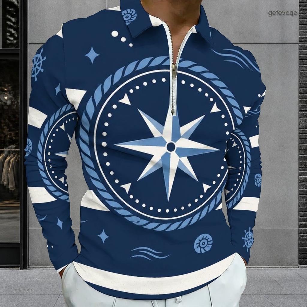 Men s Plus Size Long Sleeve Quarter Zip Collared Seashell Printed White Polo Shirt