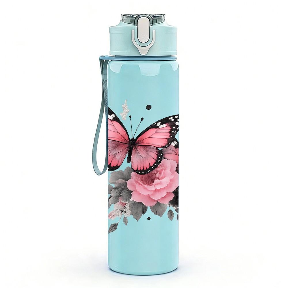 1PC Pink Butterfly Flower Art Print 750ml Color Plastic Sports Water Bottle Leakproof Flip Straw Lid Suitable for Sports Office Home Use