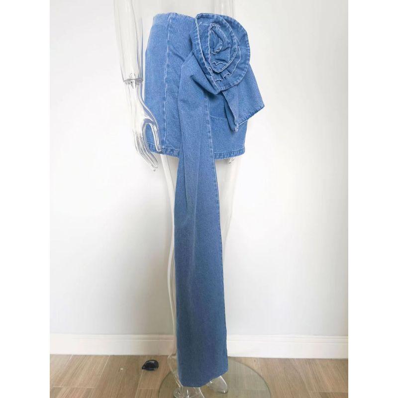 

Fashion New Arrival Layered Length Streamers Rose Handmade Flower Denim Skirt Floral Denim Skirt Blue L