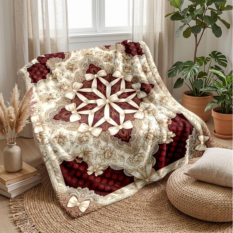 Ornate Bow Lace Pattern Theme blanket Lightweight Warm Flannel Blanket Decorative Throw Blanket for Home Decoration
