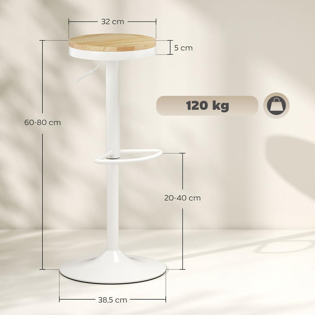 Bar Stool Set of 2, Height-Adjustable 360 degrees Swivel Bar Stool with Steel Frame Footrest 38.5x38.5x60-80 cm Natural Wood+White