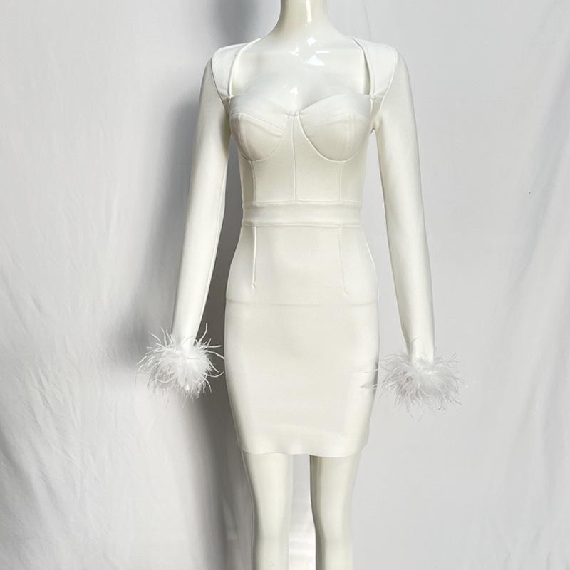 Neues Feder Langarm Europäische und Amerikanische Mode Bandage Abendkleid