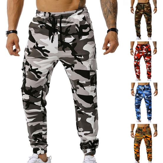 Men Sweatpants Camouflage Drawstring Elastic Waist Multi Pockets Streetwear Loose Ankle Tied Cargo Pants for Training Running Fitness