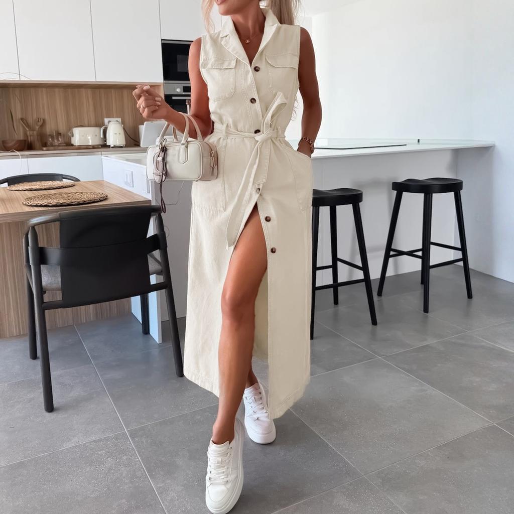 Ladies' Casual And Fashionable Sleeveless Waist Cinched Single Breasted Denim Dress