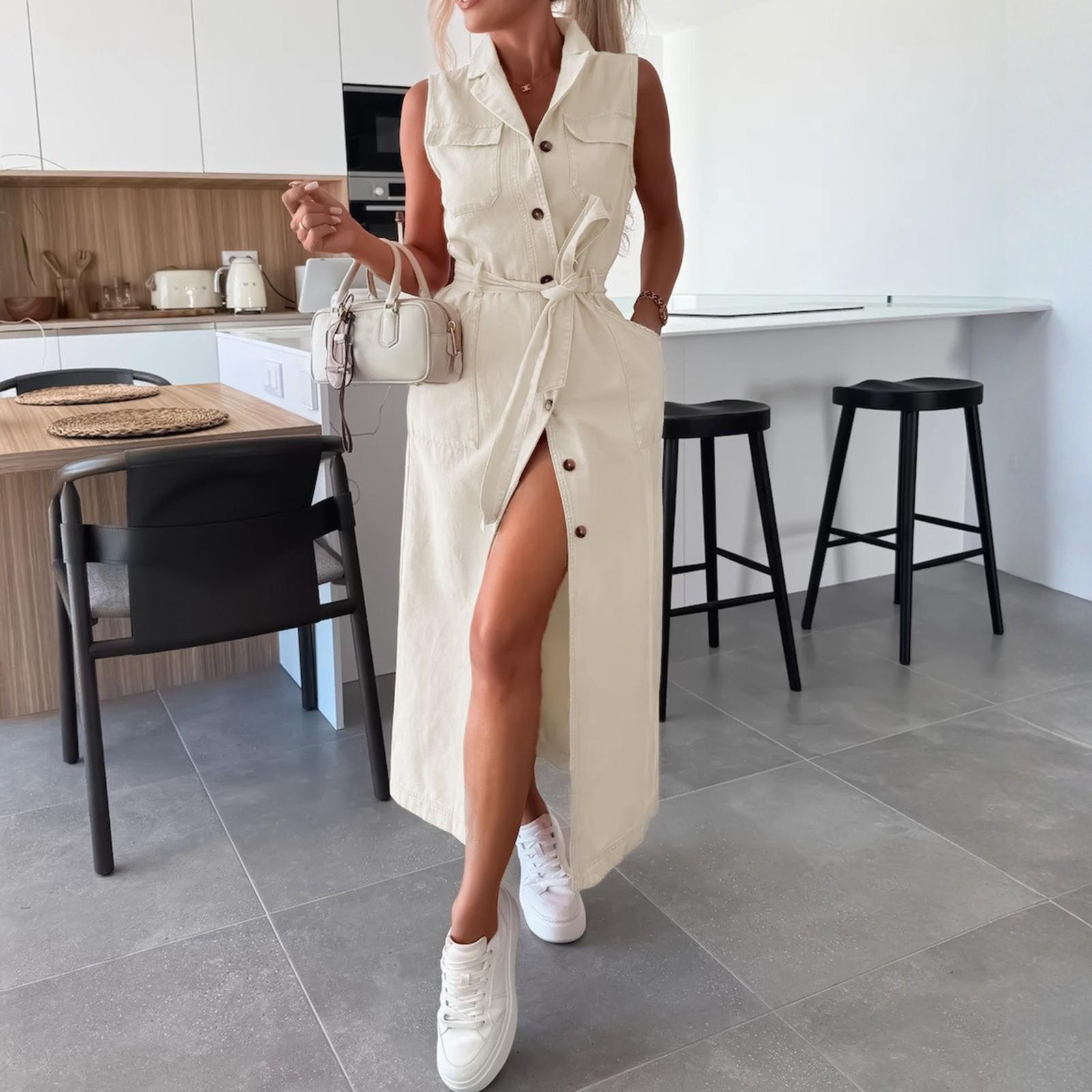 

Женское повседневное и модное однобортное джинсовое платье без рукавов с застежкой на талии L